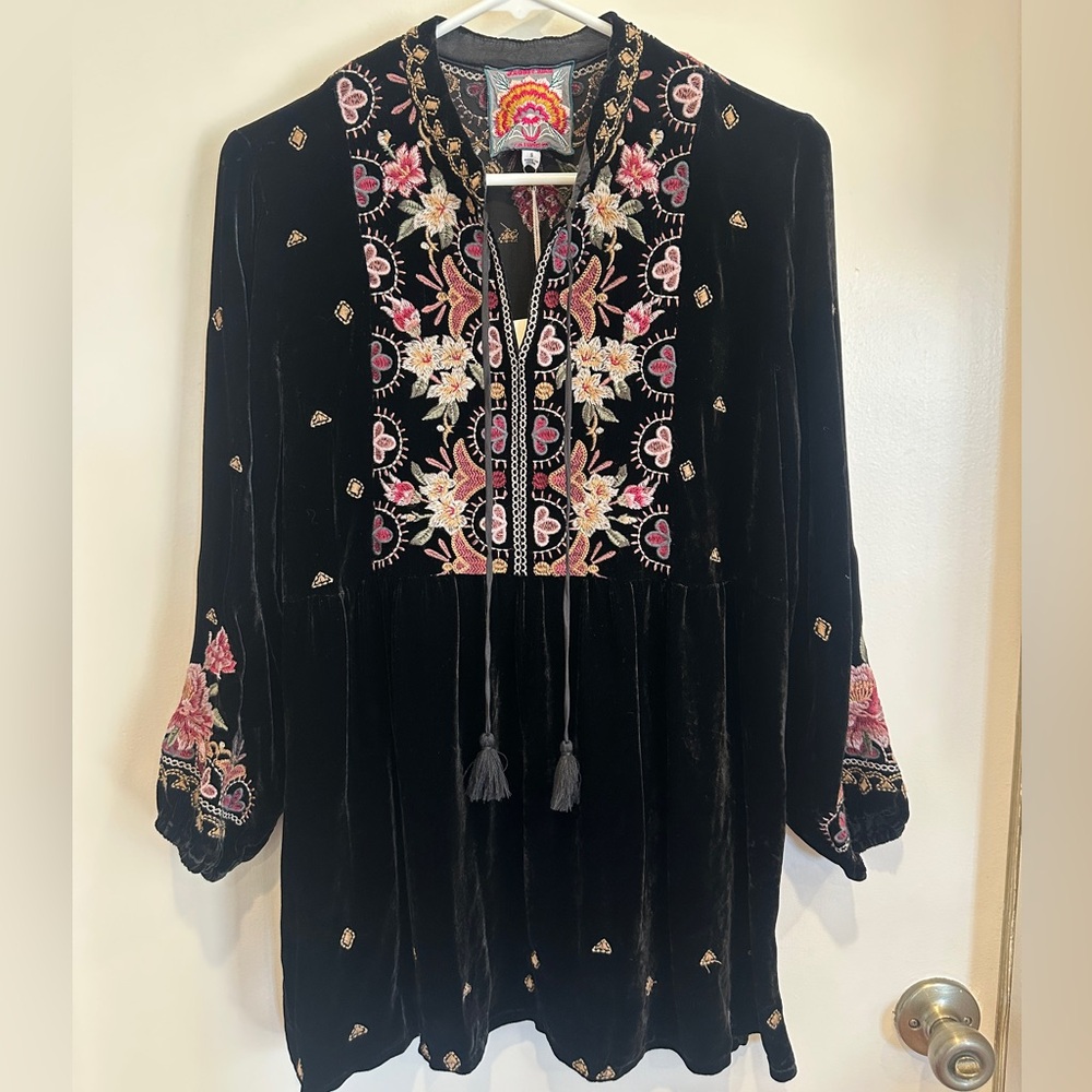 Johnny Was Black Velvet Tunic with Pink Floral Embroidery (NWT)